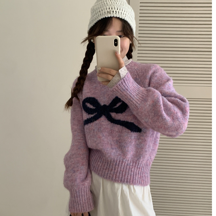 韩系风提花蝴蝶结套头毛衣女秋冬软糯甜美慵懒风羊毛针织衫上衣