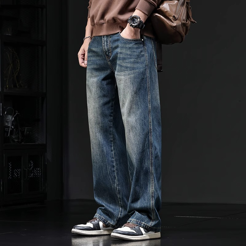 美式重工复古百搭蓝牛仔裤男拖地宽松直筒阔腿垂坠感大码长裤子