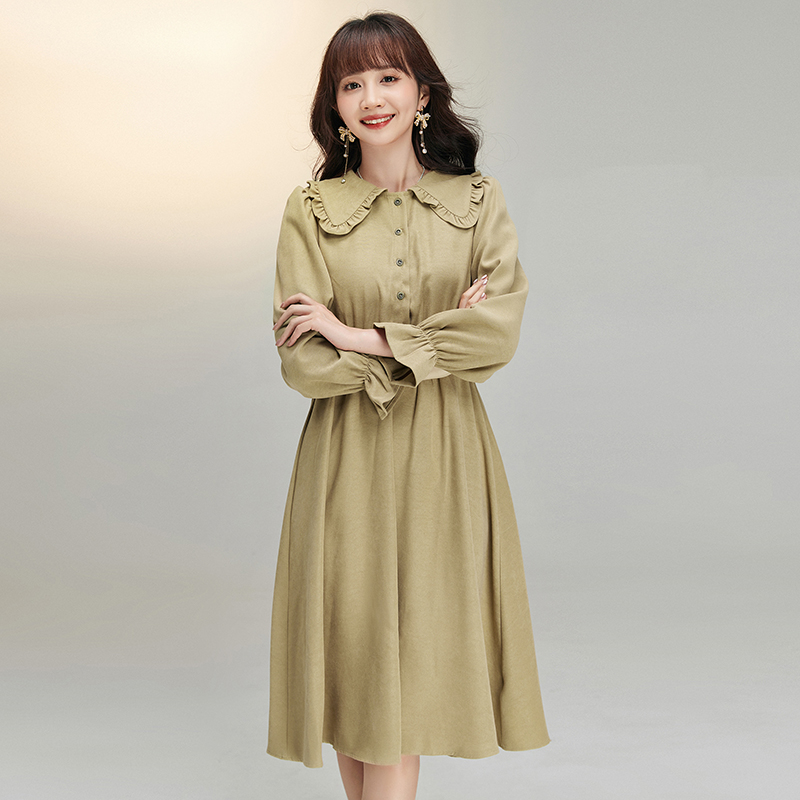 43LQ0A0003松紧腰纯色裙子套头长袖连衣裙女2024秋