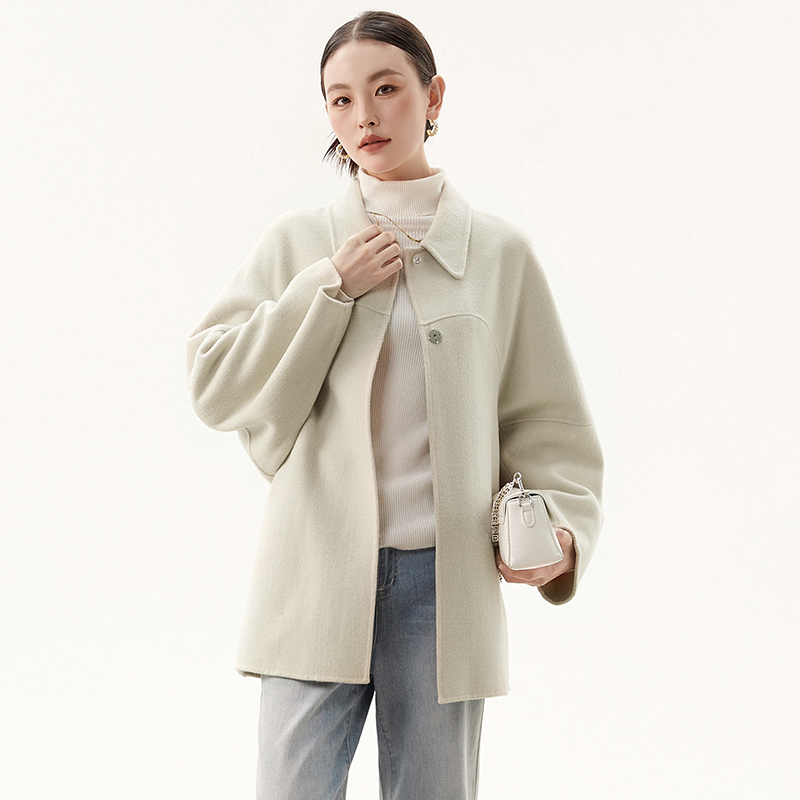 44HE1E0288含羊毛蝙蝠袖双面尼毛呢外套大衣女2024冬