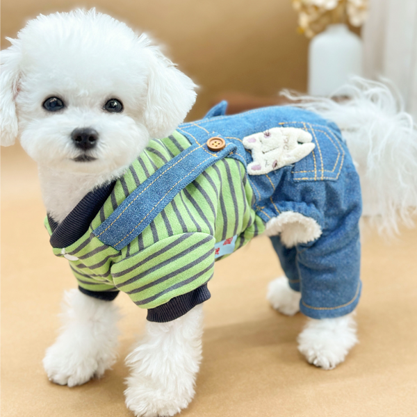 条纹抓绒牛仔背带裤双层