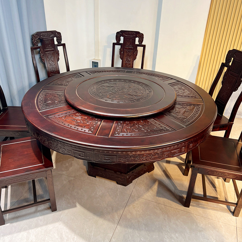 实木餐桌椅组合非洲紫檀海鲜古典雕花仿古中式转盘餐桌椅餐厅圆桌