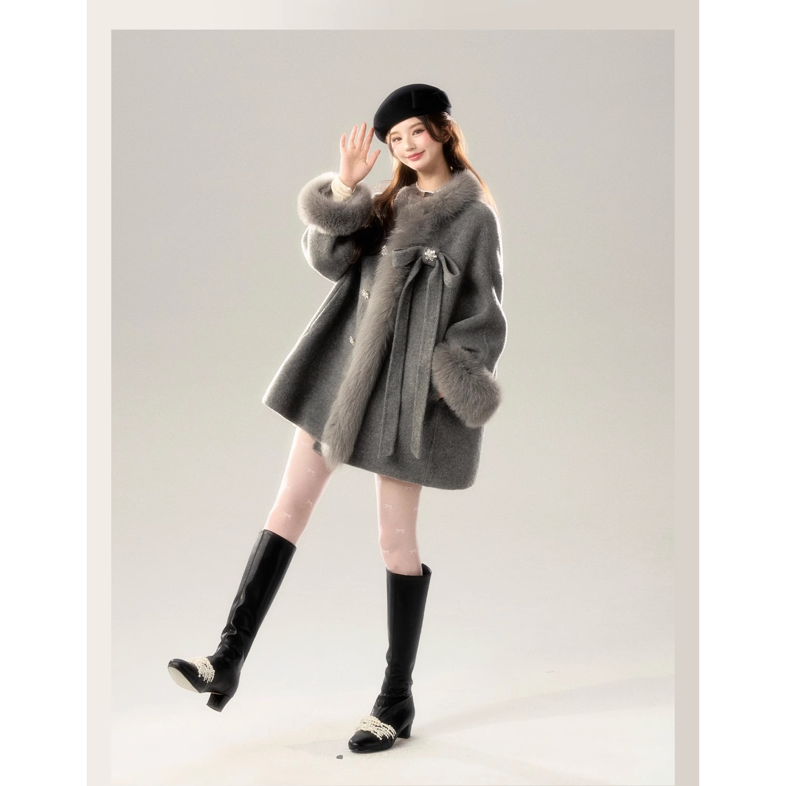 韩版甜系软糯双色毛呢上衣女千金风蝴蝶结甜美气质宽松毛领外套