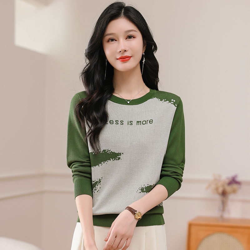 秋冬新款撞色圆领时尚百搭针织衫女宽松显瘦长袖妈妈装