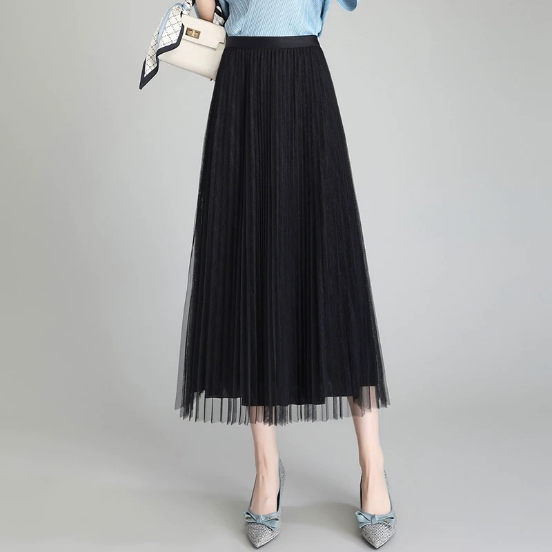 2025春夏褶皱半身裙高腰遮肉显瘦显高显腿长直播A字网纱裙洋气