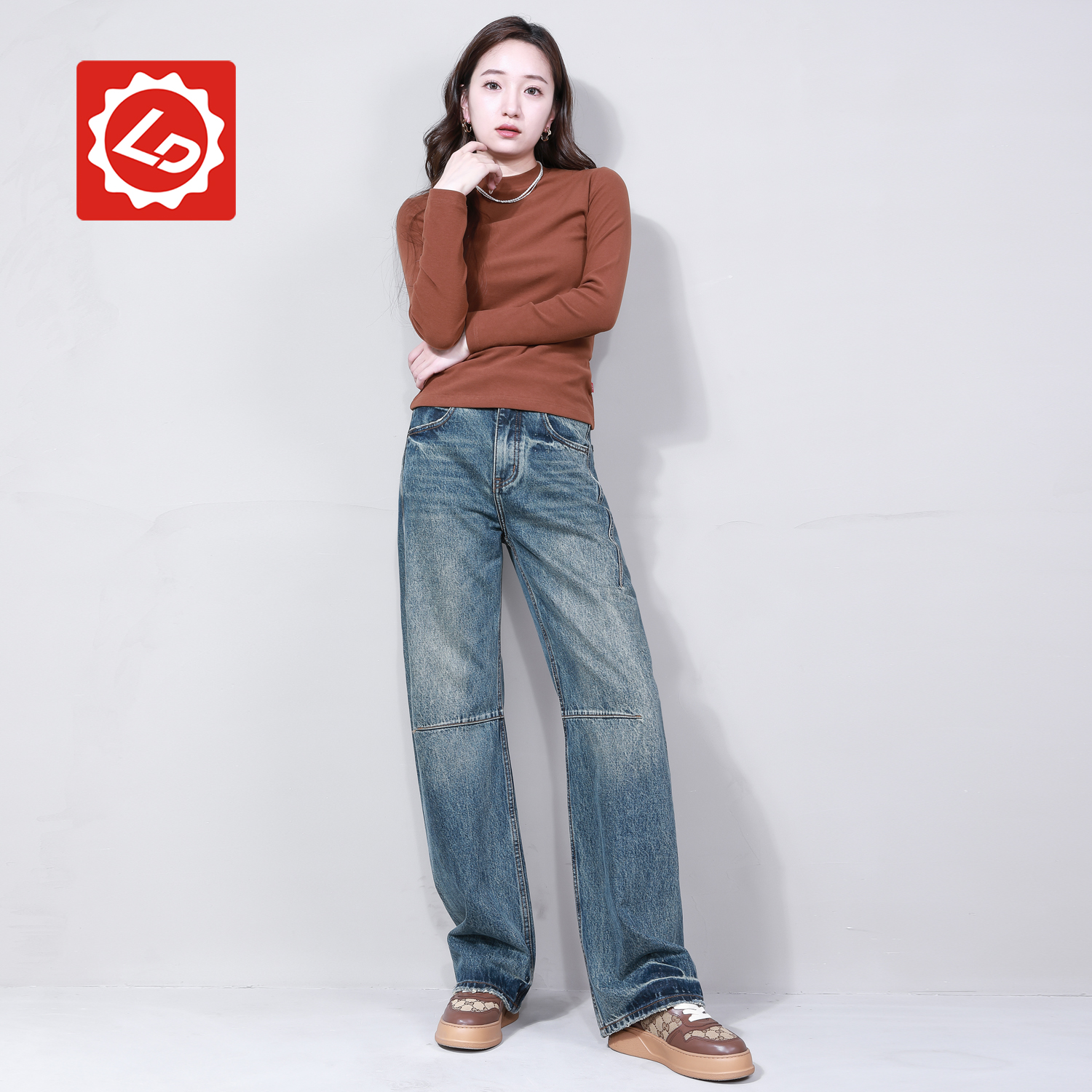 DA4107NK唠叨牛仔秋季个性裁线百搭高腰显瘦宽松瘦拖地牛仔女裤