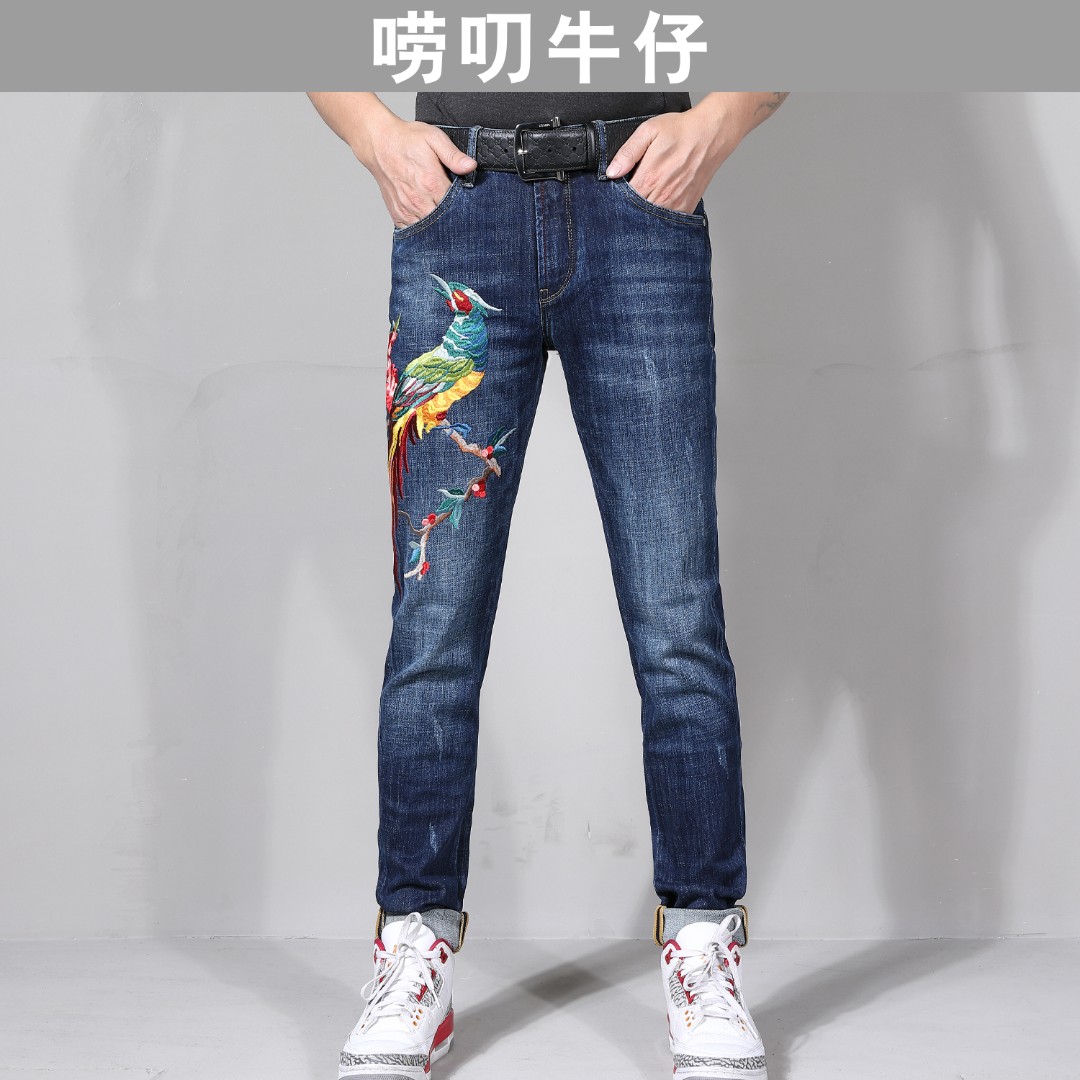 【修身小脚】BC217唠叨牛仔春秋男士微弹凤凰刺绣小脚修身牛仔裤