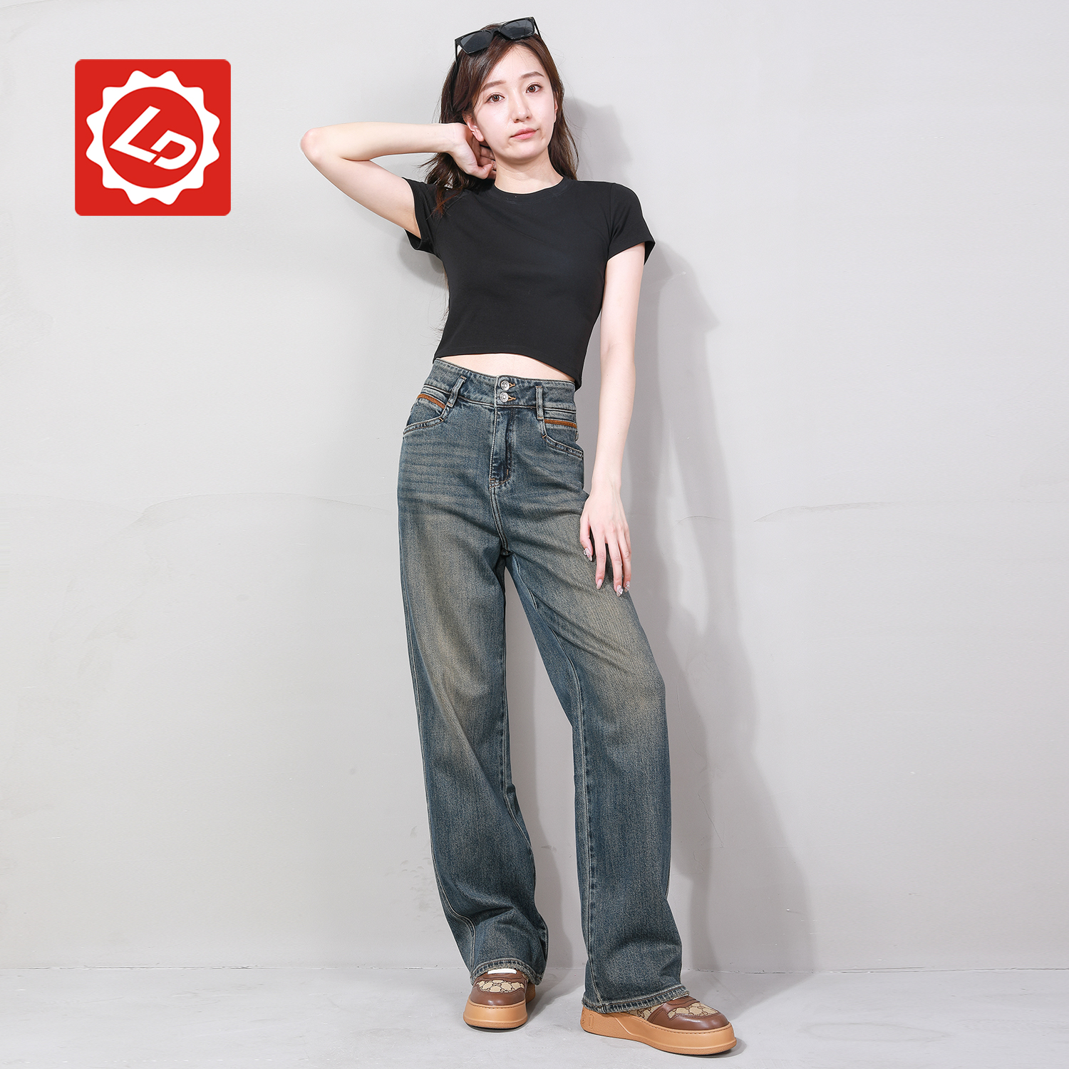 DA498NK唠叨牛仔春秋水洗复古高腰双扣时尚宽松显瘦直筒女牛仔裤