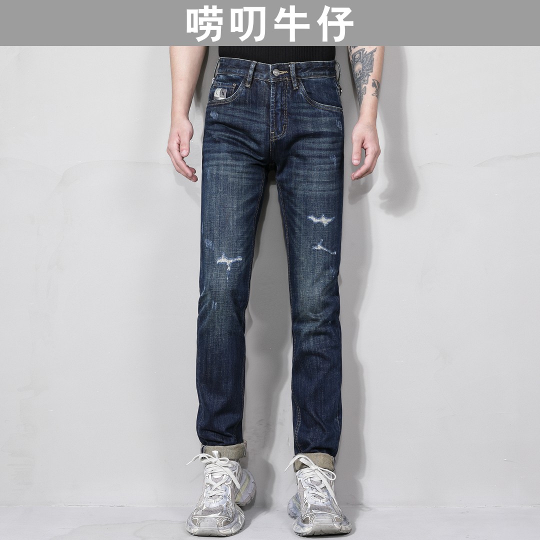 【小直筒】DA445唠叨秋季男新款蓝色水洗破洞补丁修身小直筒牛仔裤