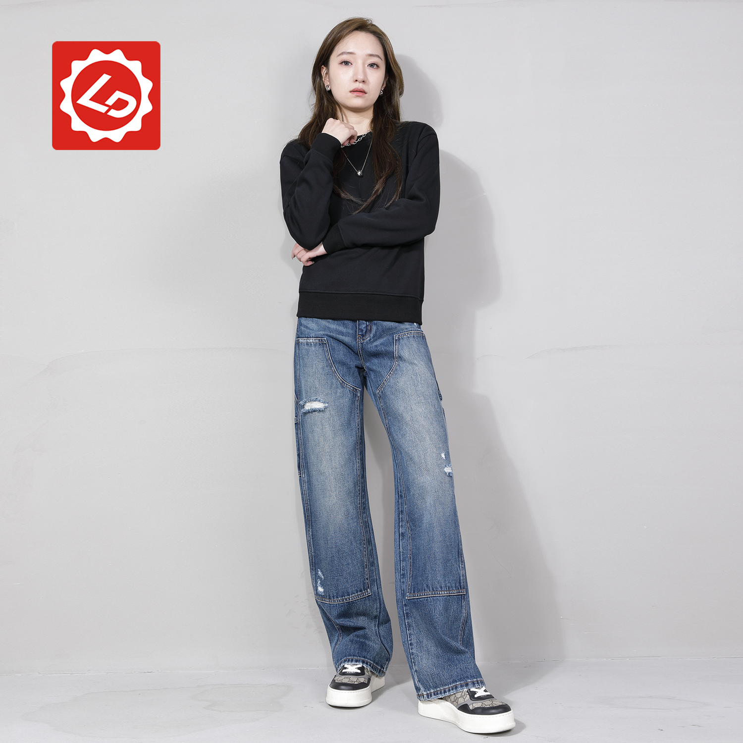 DA4130NK唠叨女装秋季潮版显瘦宽松拼接高腰无弹女裤托地裤牛仔裤