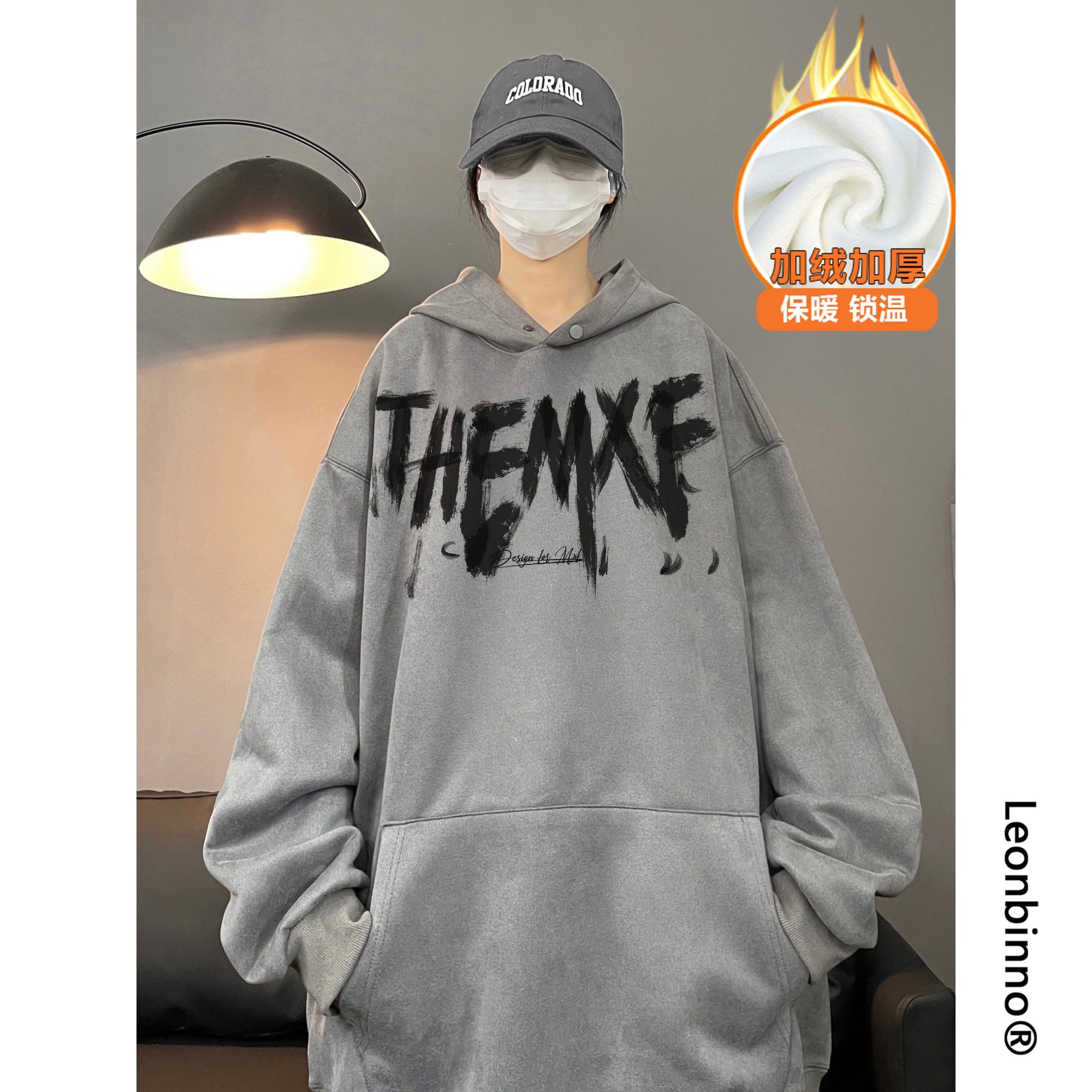 Leonbinno/雷尔宾诺加绒加厚重磅复古连帽情侣卫衣外套秋冬男女装