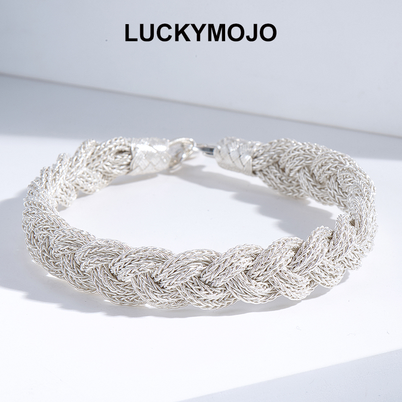 LUCKYMOJO 足银手链 小众编织纯银手链重工宽版高智感ins大气款