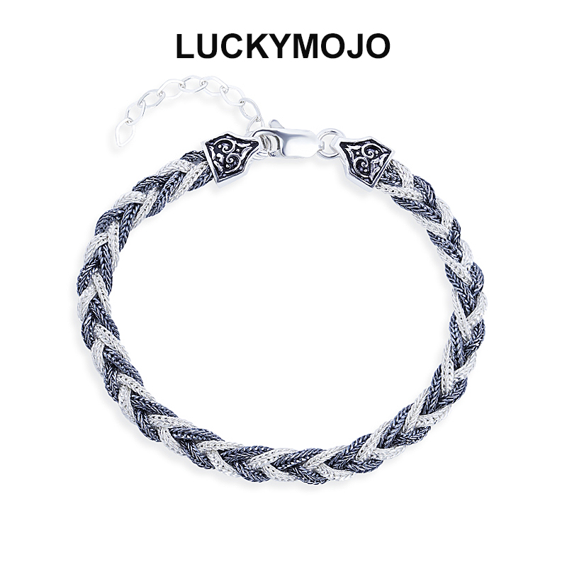LUCKYMOJO 925银手链 复古双色编织手链土耳其银手链女朋友礼物