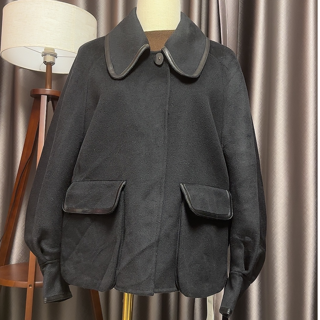 银钻世家黑色短款夹克版休闲气质高级拼皮双面呢羊绒大衣秋冬外套