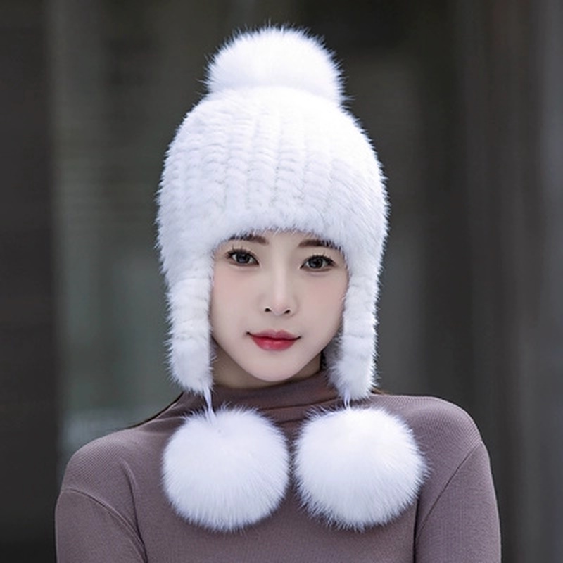 新款水貂帽子女冬天皮草狐狸毛球护耳防风加厚貂毛帽冬季百搭时尚