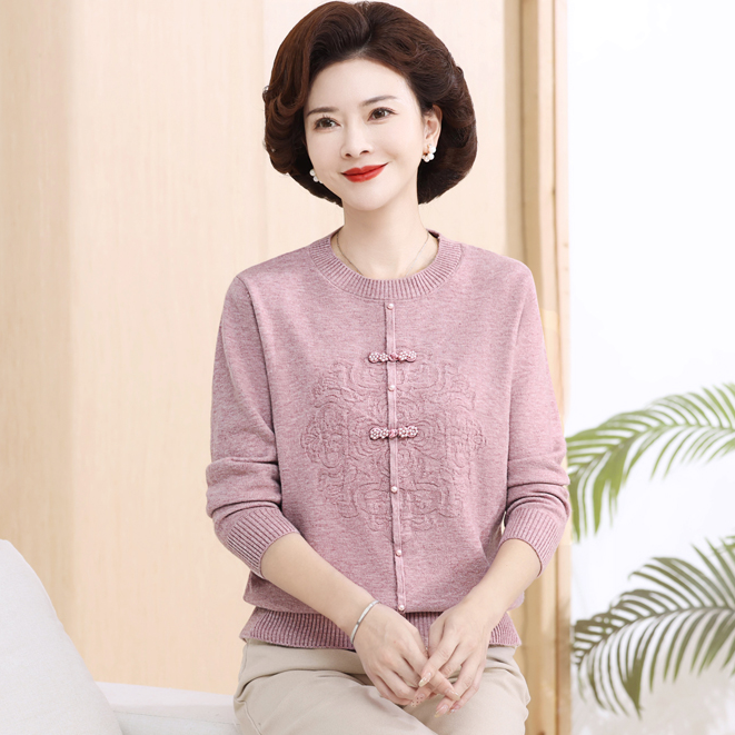 妈妈中式洋气针织长袖国风新款上衣时尚减龄中老年女秋季打底毛衣