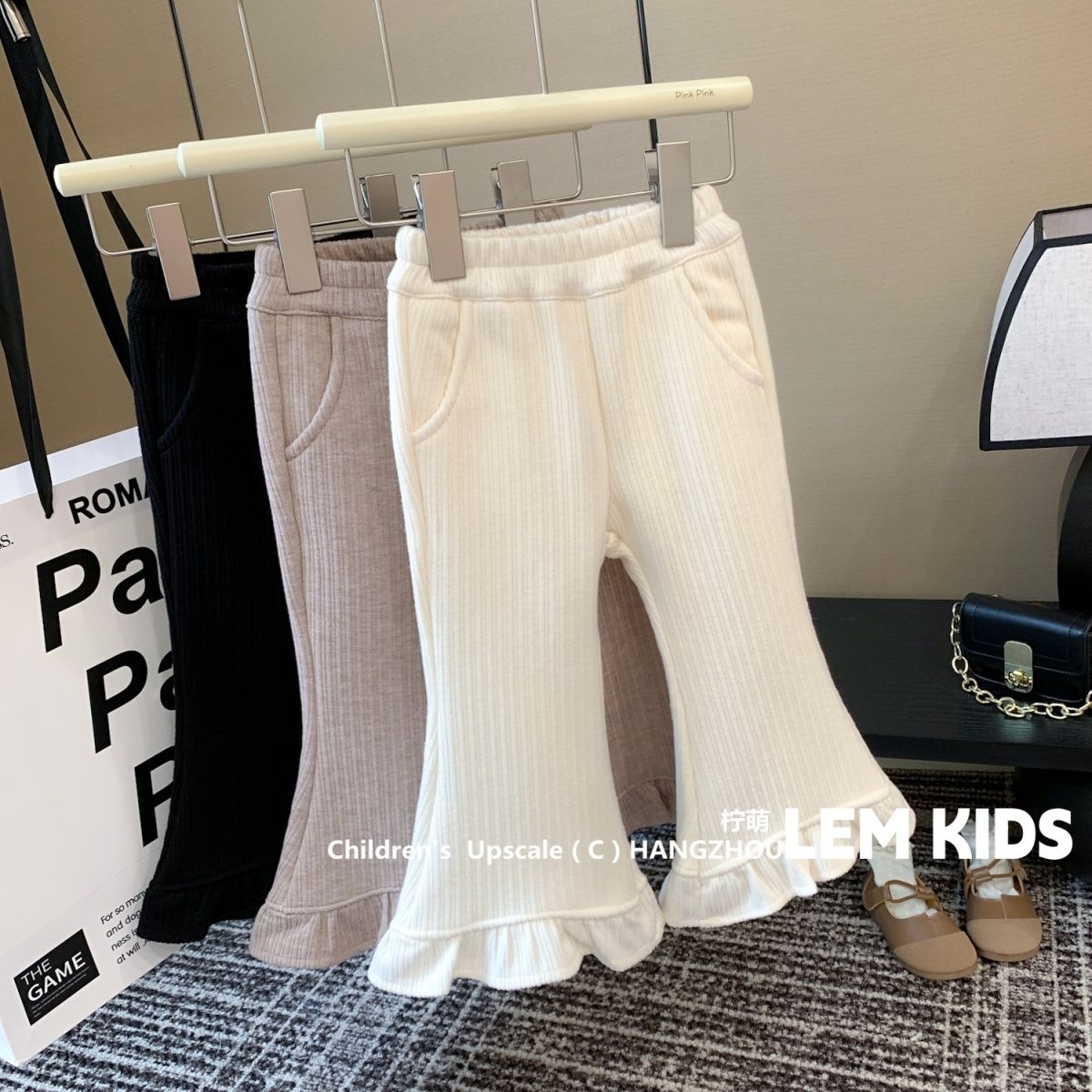 2023秋冬新款女童洋气韩版裤子女宝宝甜美花边一体绒雪尼EF