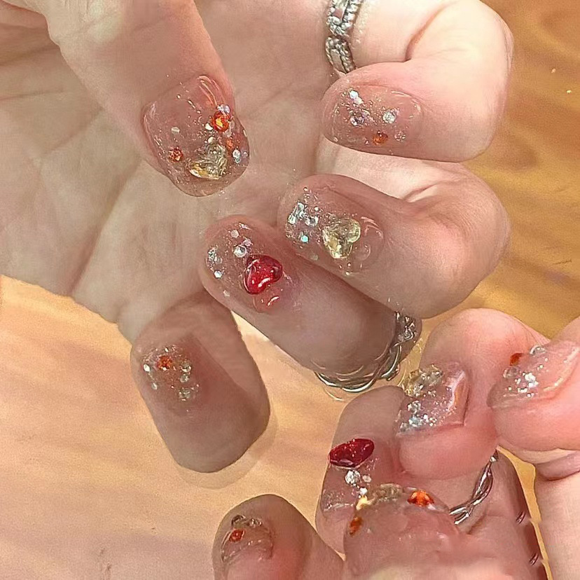 纯手工美甲穿戴甲假指甲贴美甲成品爆闪可爱渐变彩色爱心秋冬新款