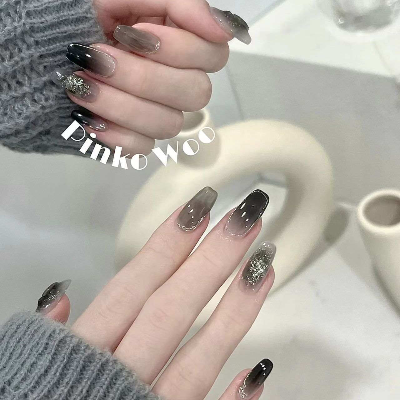 实拍穿戴甲手工美甲成品假指甲贴片秋冬新款黑色法式渐变秋冬新款