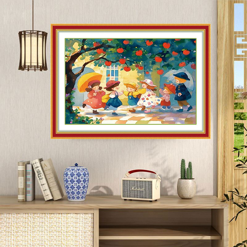 治愈动漫苹果树下十字绣年轻人现代简约纯手工线绣自己绣