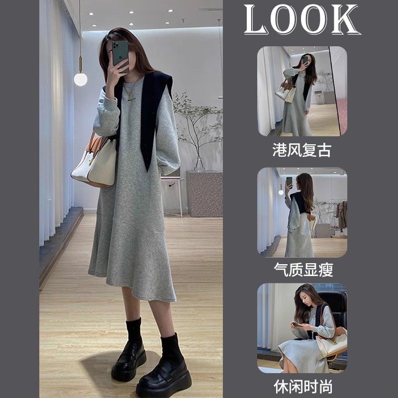 孕妇装春秋款长袖网红套装2023新款港风复古中长款孕妇连衣裙披肩