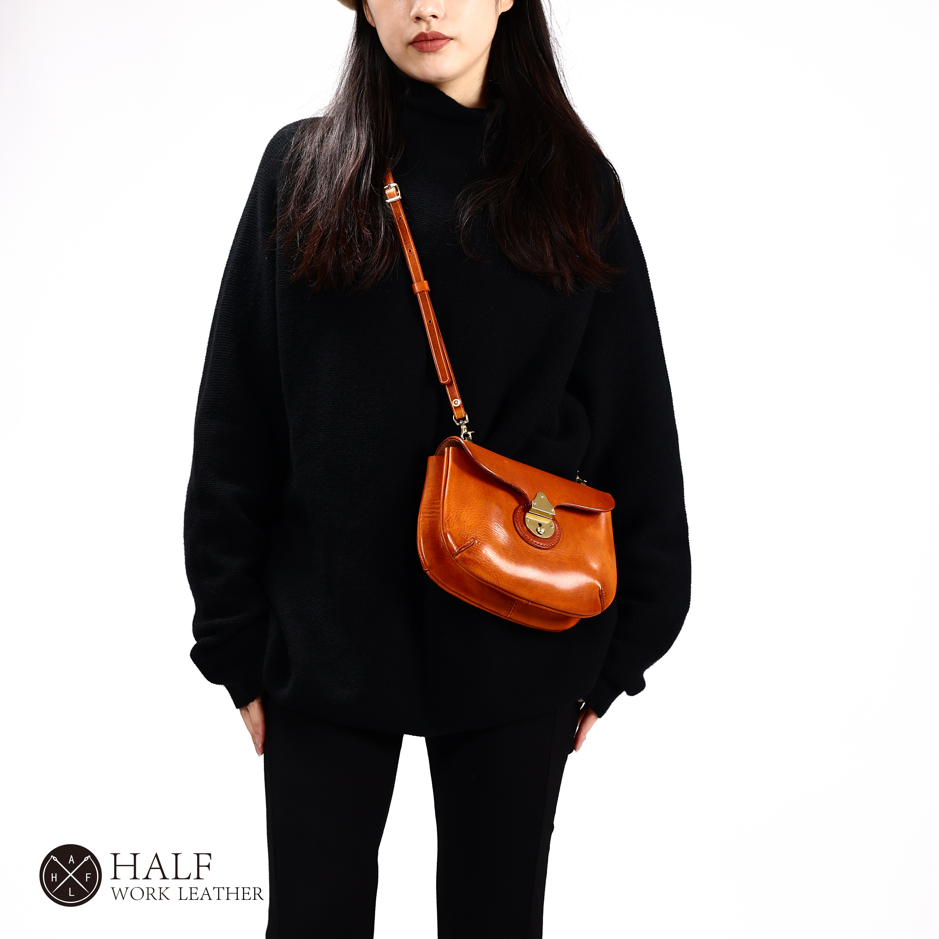 HALF WORK/伴工  植鞣油蜡头层牛皮 复古大锁扣马鞍包KB-2030