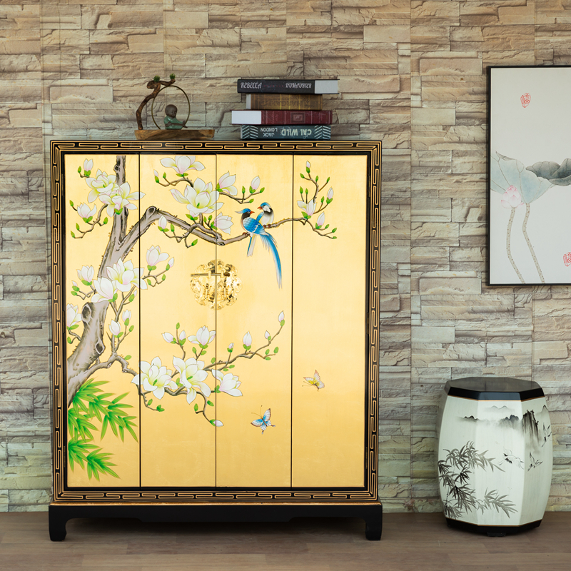 【臻宝阁】新中式金箔手绘喜鹊玉兰鞋柜