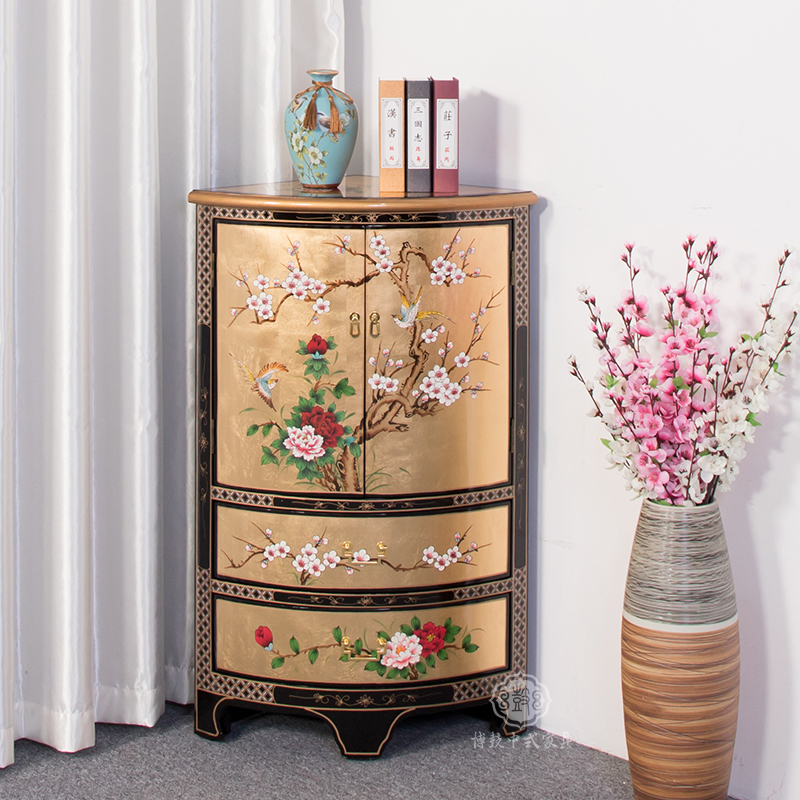 【臻宝阁】新中式金箔手绘餐厅转角储物柜扇形转角柜置物半圆