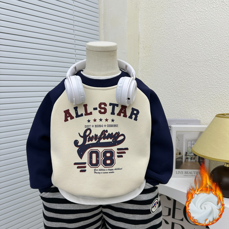 男童加绒卫衣2025秋冬新款儿童薄绒撞色插肩上衣一体绒圆领套头衫