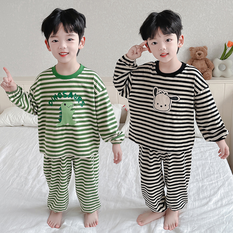 纯棉男童睡衣新款春秋男孩女孩空调服卡通分体家居服秋款宝宝套装