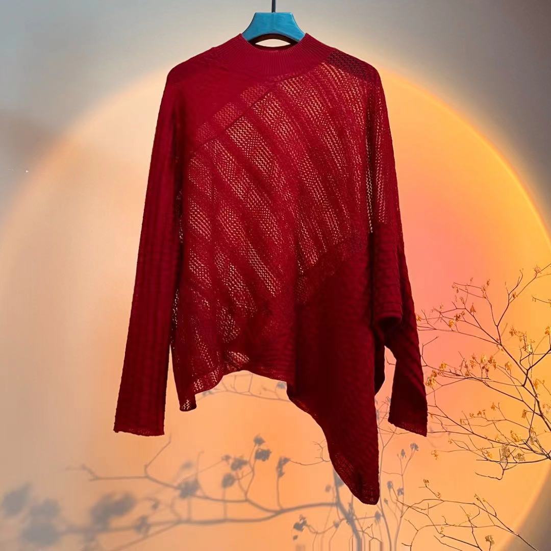 娜三月【草木染】半高领穿搭复古毛衣针织女神红色绵羊毛衫S1521