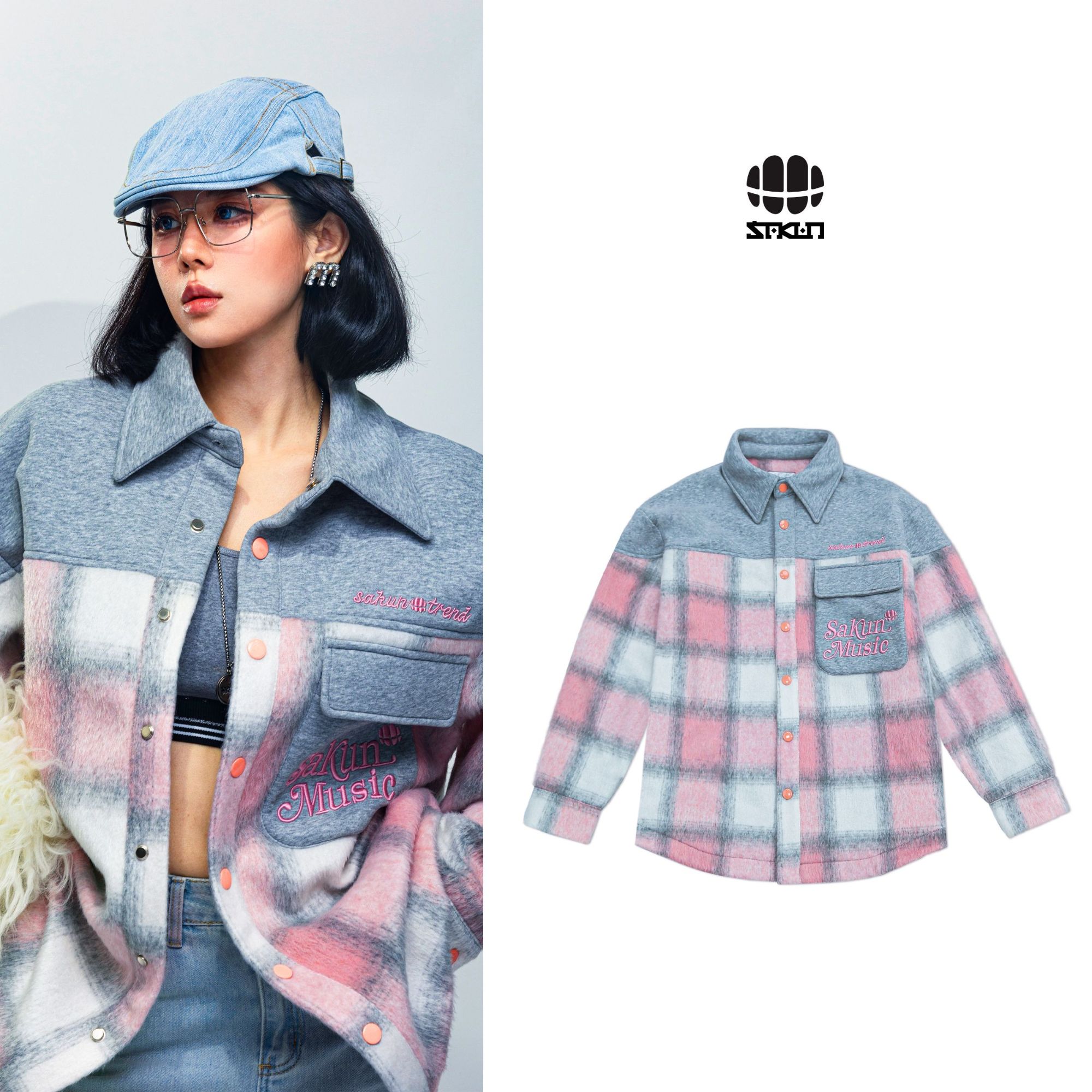 SAKUN立体刺绣拉毛撞色格子外套3153-1405027