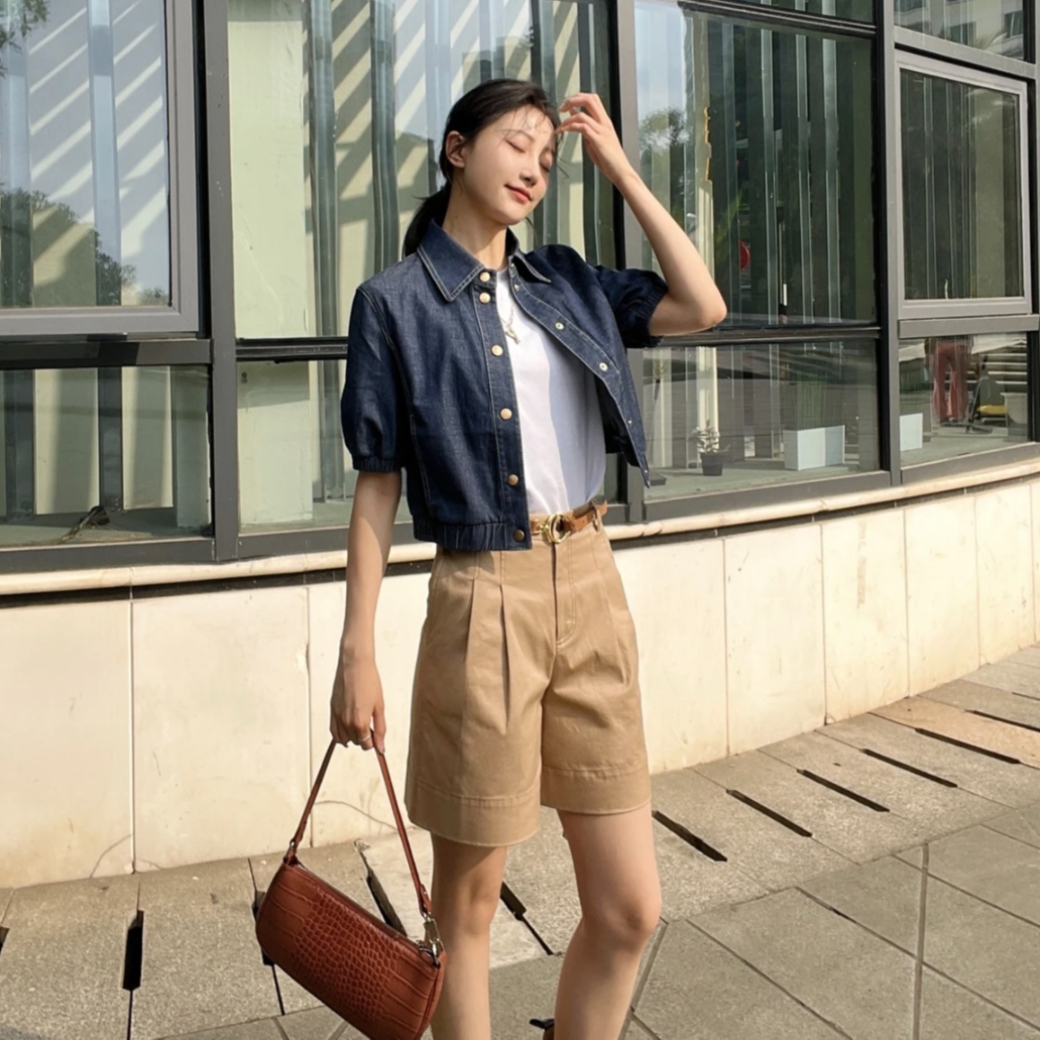 GIRDEAR/哥弟夏季POLO领休闲时尚显瘦短袖气质牛仔衬衫女 1300847