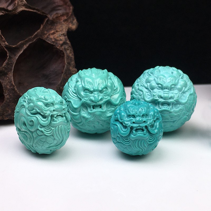 湖北原矿绿松石龙珠雕刻圆珠单珠散珠配珠子丫角山高档顶珠貔貅珠