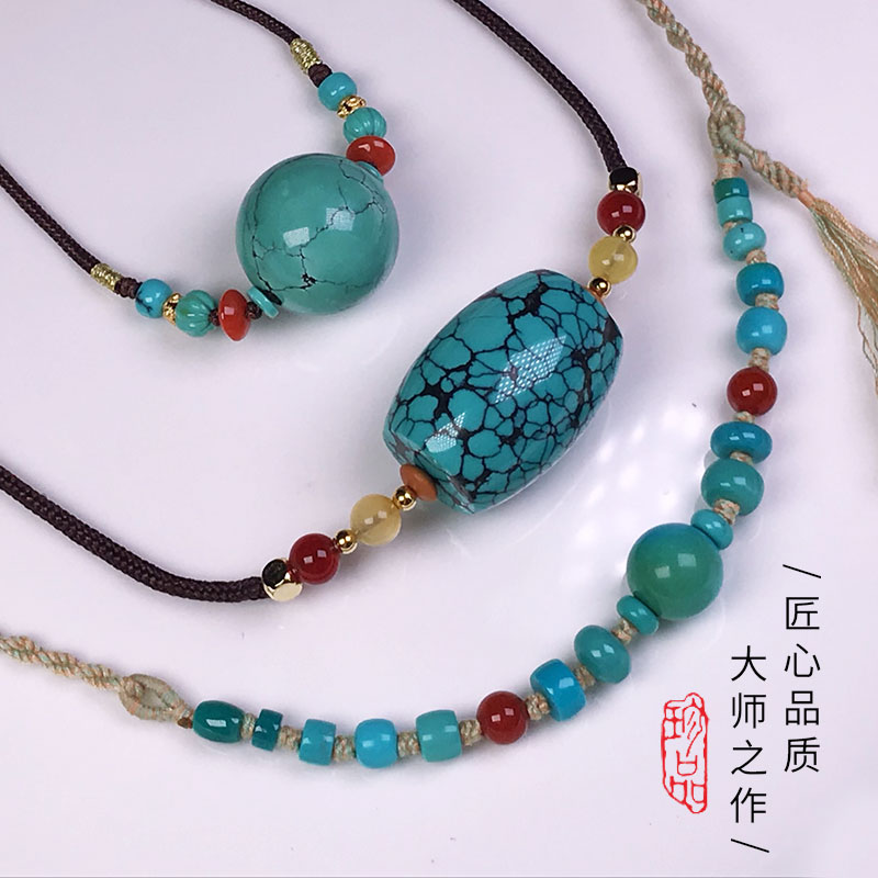 天然原矿绿松石锁骨链圆珠桶珠随形项链乌兰花玉化挂坠项坠