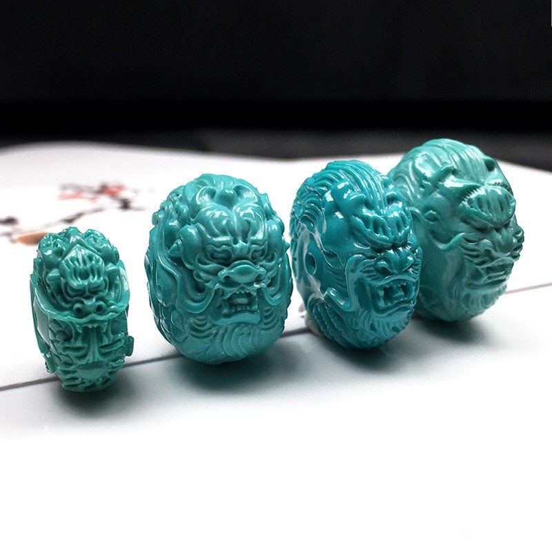 天然原矿绿松石龙扣龙鼓珠雕刻配珠散珠单珠高端丫角山高瓷蓝玉化