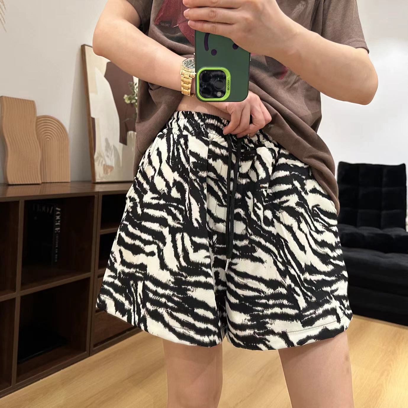 夏款斑马花纹松紧腰抽绳热裤短裤4-6-27