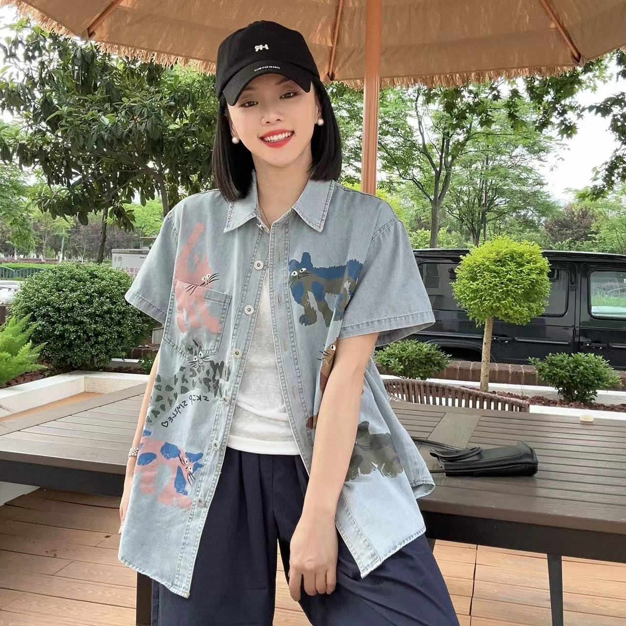 夏季猫咪乐园小猫涂鸦牛仔短袖衬衣4-5-13