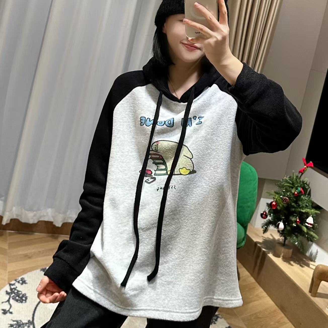 冬季休憩小鸭连帽插肩袖毛巾料卫衣4-11-22雪芙绒