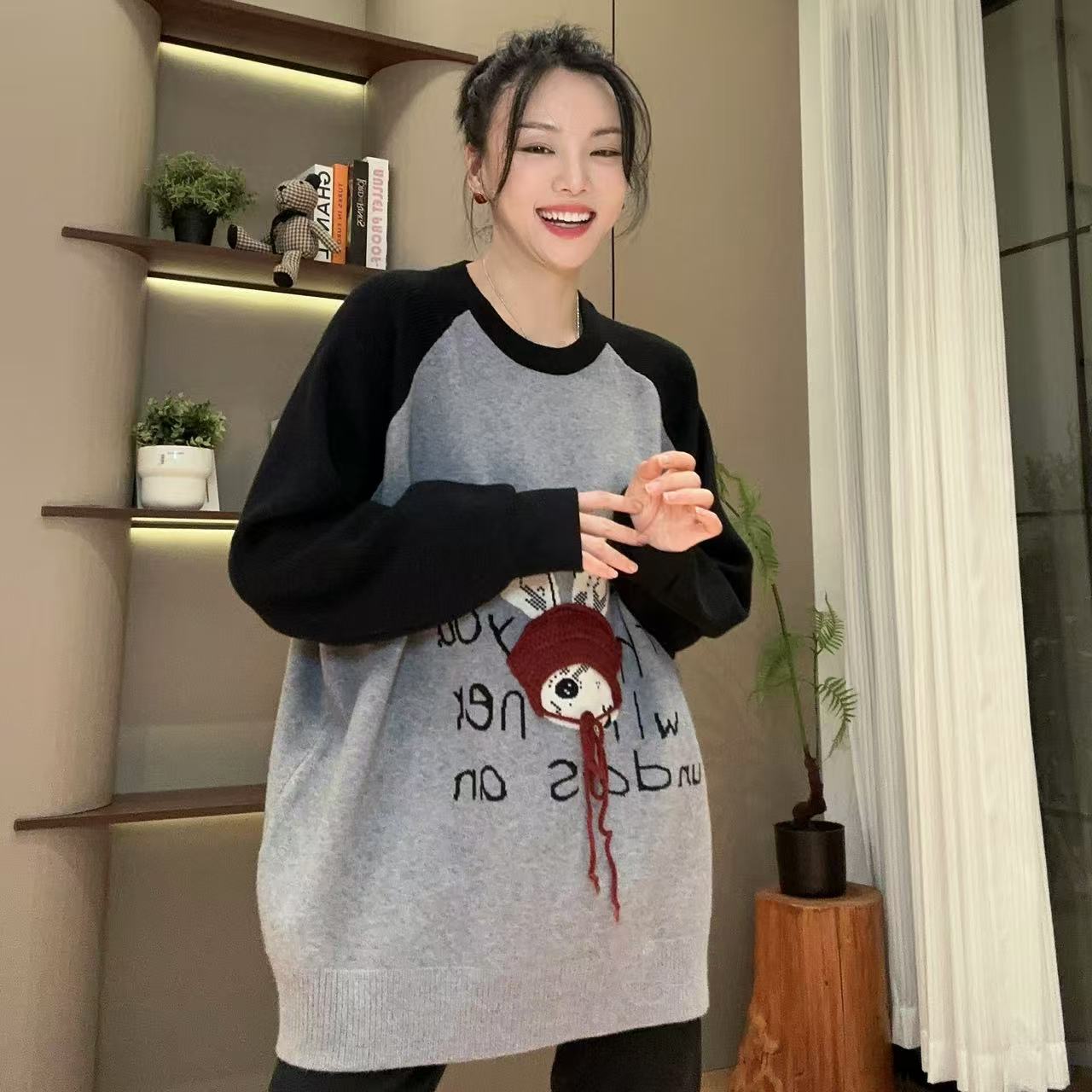 冬季毛线帽小兔立体针织插肩袖长袖针织衫4-10-25