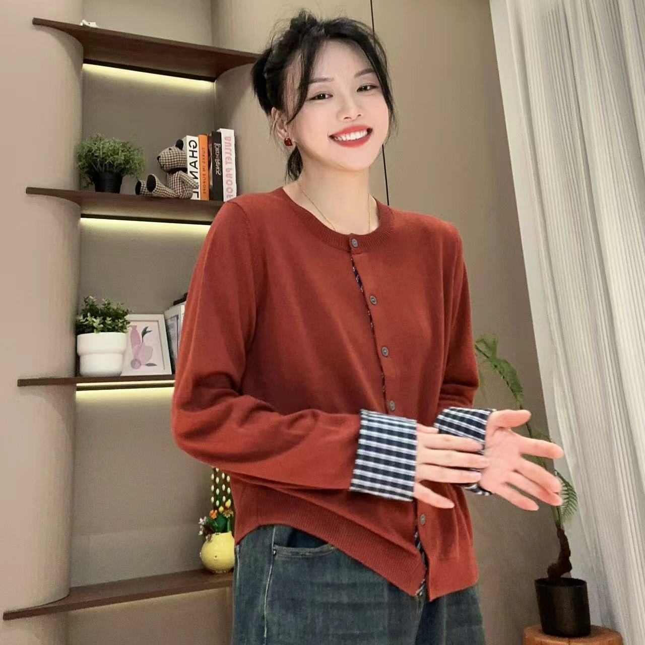 秋季格子衬衫拼接单排扣长袖针织衫4-9-28