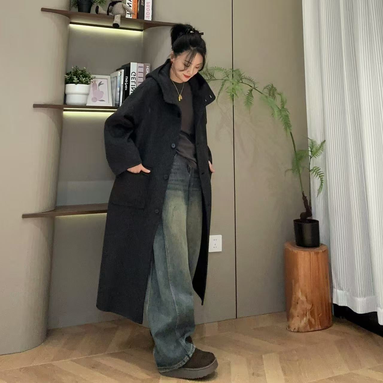 冬季韩版双面连帽单排扣羊毛大衣4-10-30北影艺考服