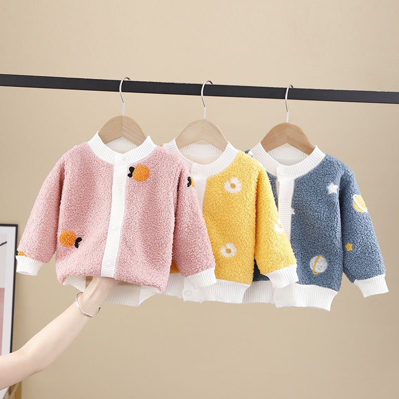 宝宝加绒毛线外套男女童双面绒开衫春秋衣服0-4岁婴儿保暖上衣