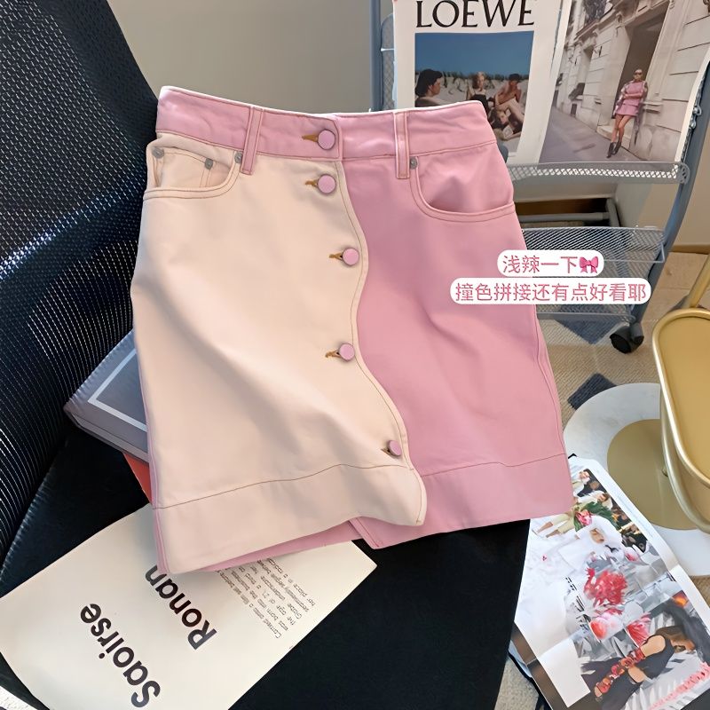 女童短裙春夏季2023新款洋气撞色甜美纽扣半身裙时尚潮流百搭时髦