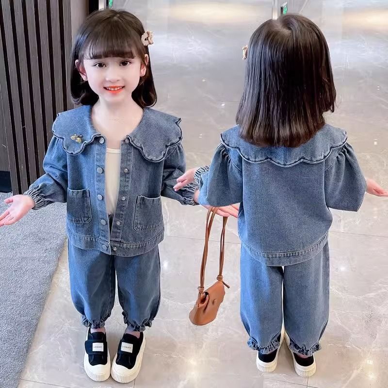 女童春装网红洋气春秋季牛仔套装2023新款女宝宝时髦休闲两件套潮