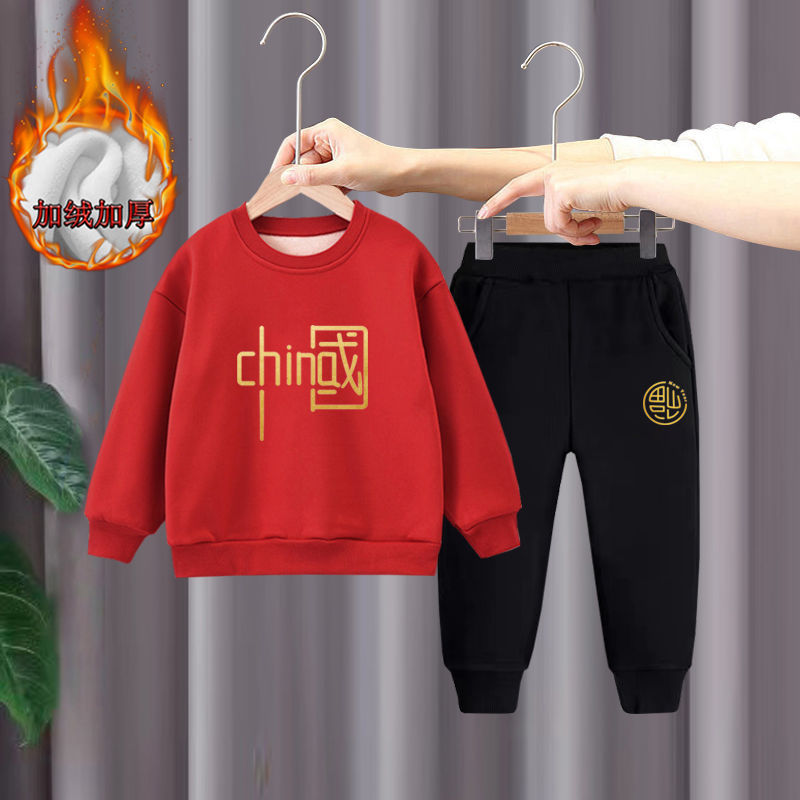 儿童新年装中国风新款卫衣宝宝秋冬套装男女童加绒卫衣两件套洋气