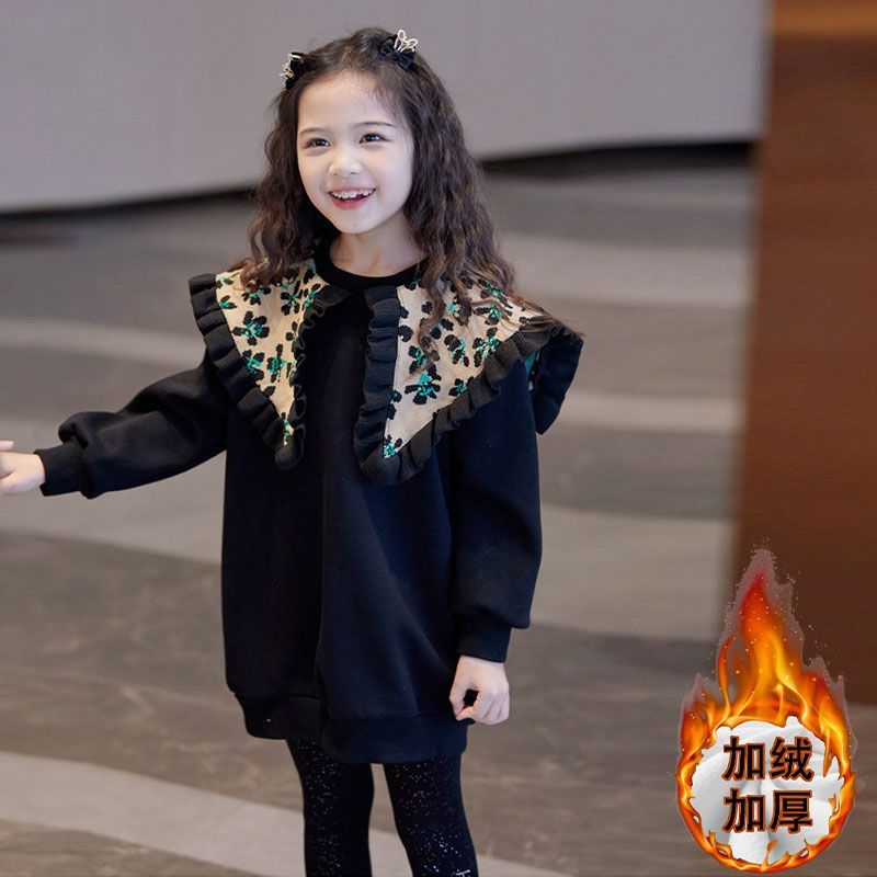 女童长款上衣2023冬季加绒加厚中大童木耳花边黑色卫衣韩版童装潮