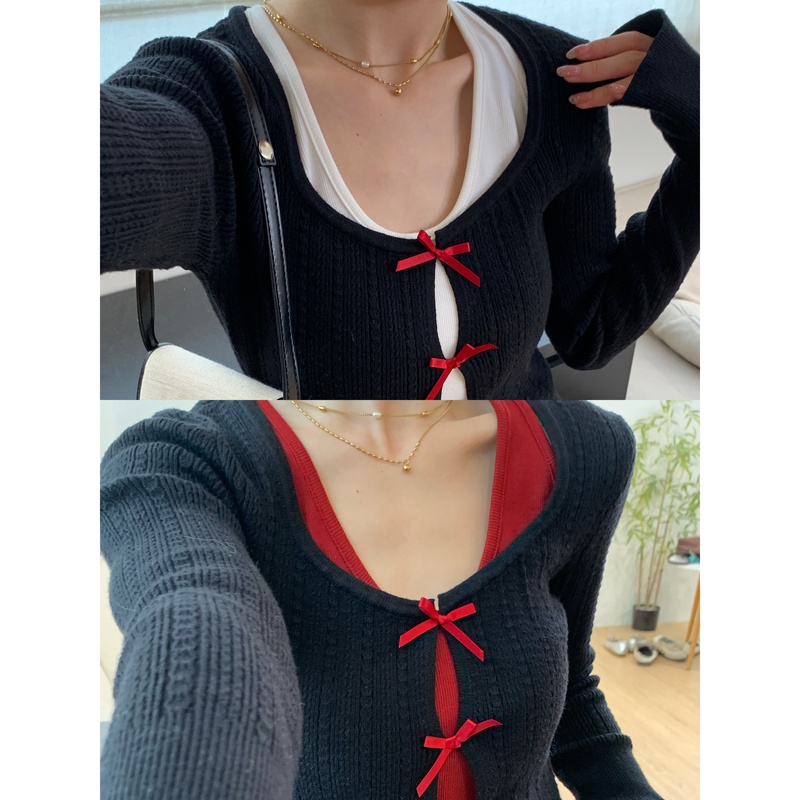 【西西里安】南韩欧尼 蝴蝶结镂空针织修身上衣 显瘦 长袖 撞色