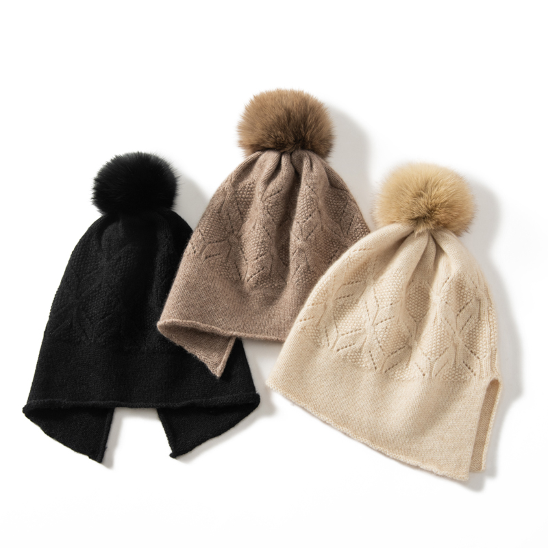 纯羊绒毛球重工钩花羊绒帽护耳洋气百搭时尚包头保暖秋冬季