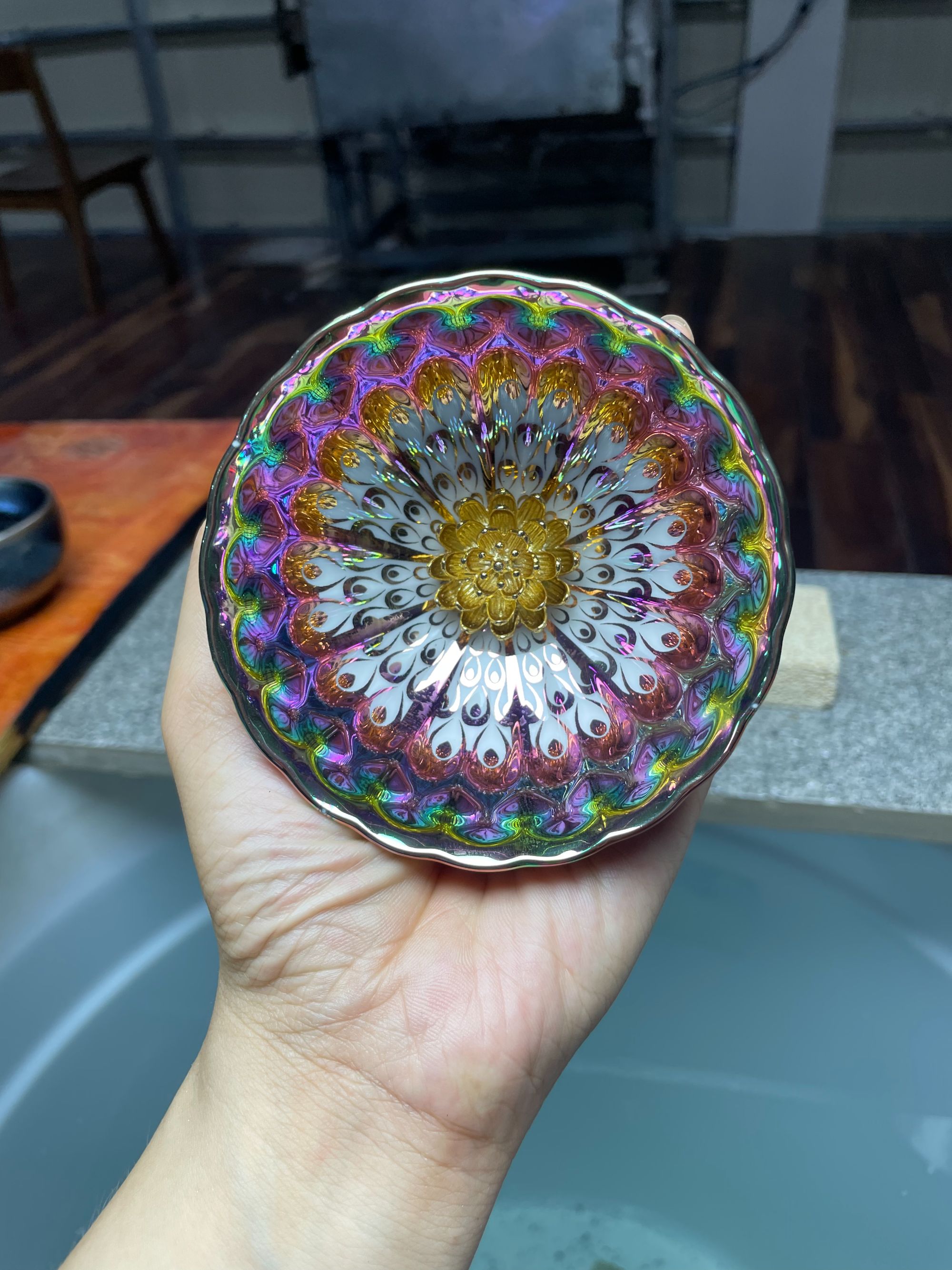 高端茶器家用主人杯彩色金色莲花茶杯